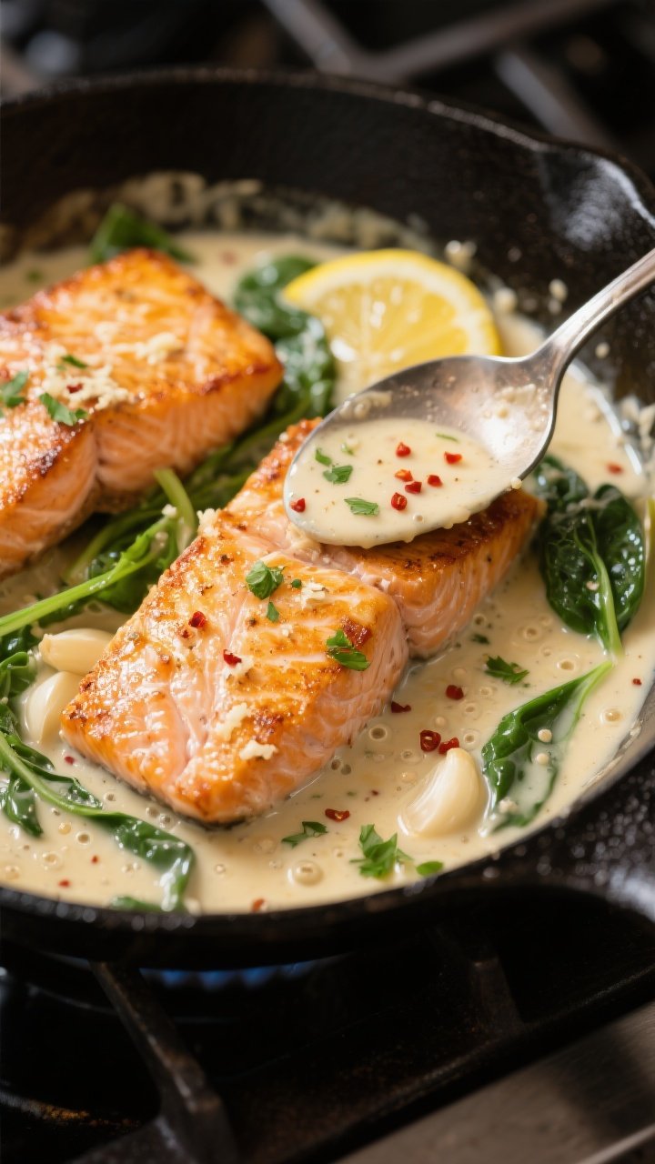 Cooking process, close-up detail: Golden-seared salmon fillets nestled back into a silky garlic-parm