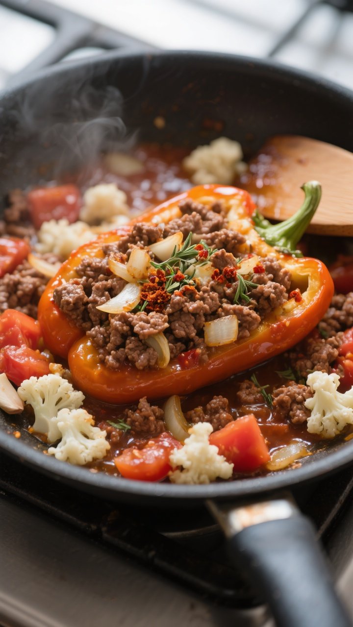 Cooking process, close-up detail: In-skillet low-carb stuffed pepper filling sizzling — browned gr