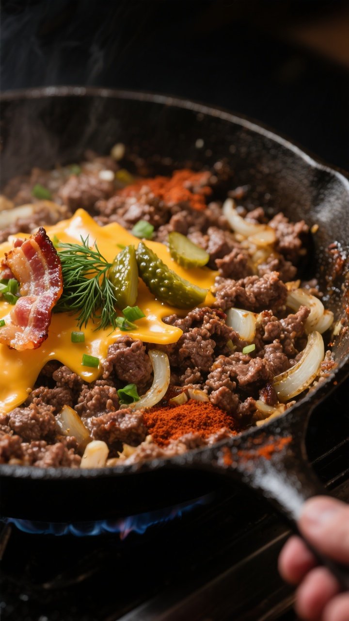 Cooking process, close-up detail: Sautéed ground beef mixture in a cast-iron skillet at the stove, 