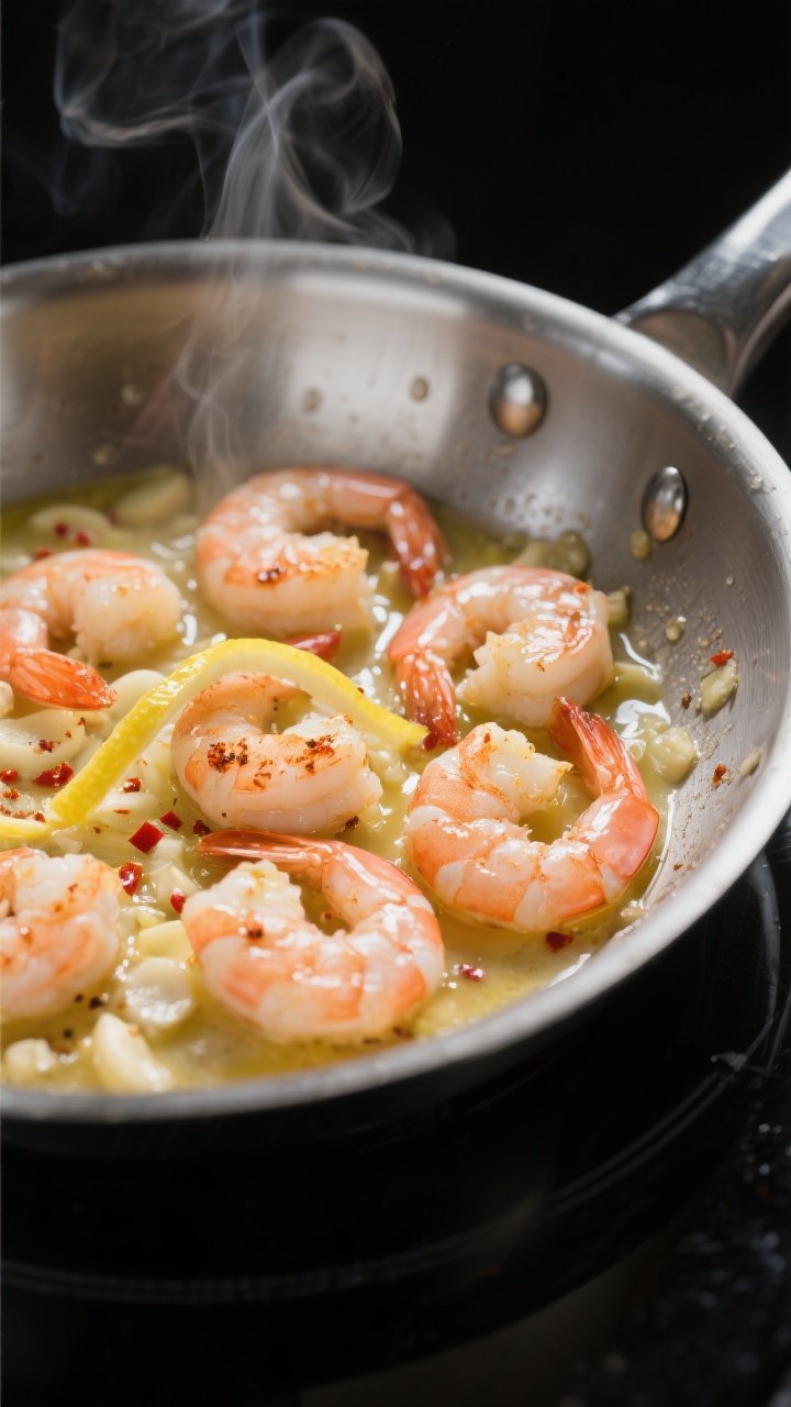 Cooking process, close-up detail: Searing garlic butter shrimp in a stainless-steel skillet, shrimp 