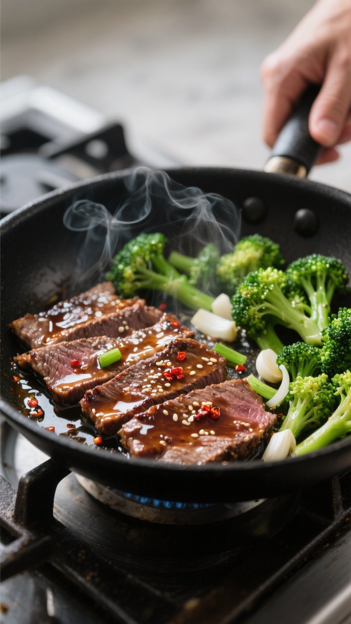 Cooking process, close-up detail: Searing thinly sliced flank steak and glossy sauce in a wide black