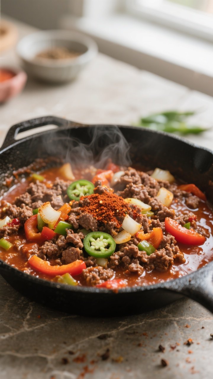 Cooking process, close-up detail: Seasoned ground beef, onions, bell pepper, and minced jalapeño si