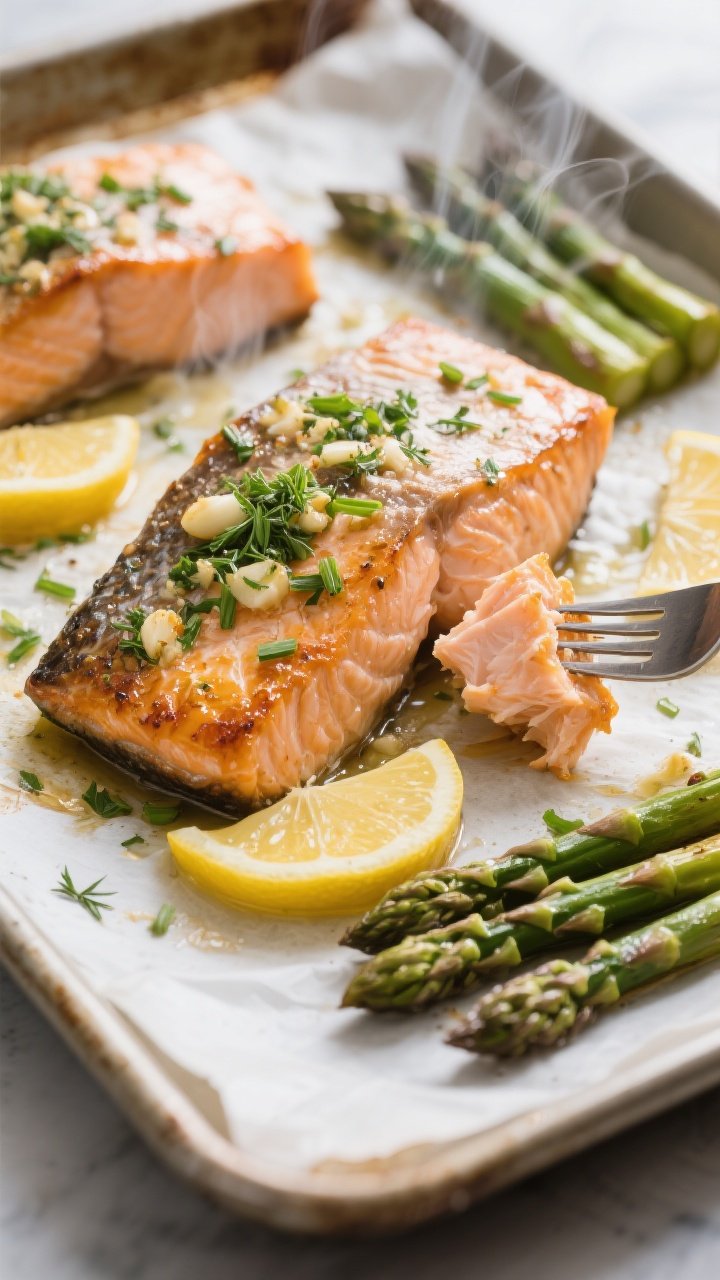 Cooking process, close-up detail: Sheet-pan roasted salmon just out of the oven at 400°F, skin-on f