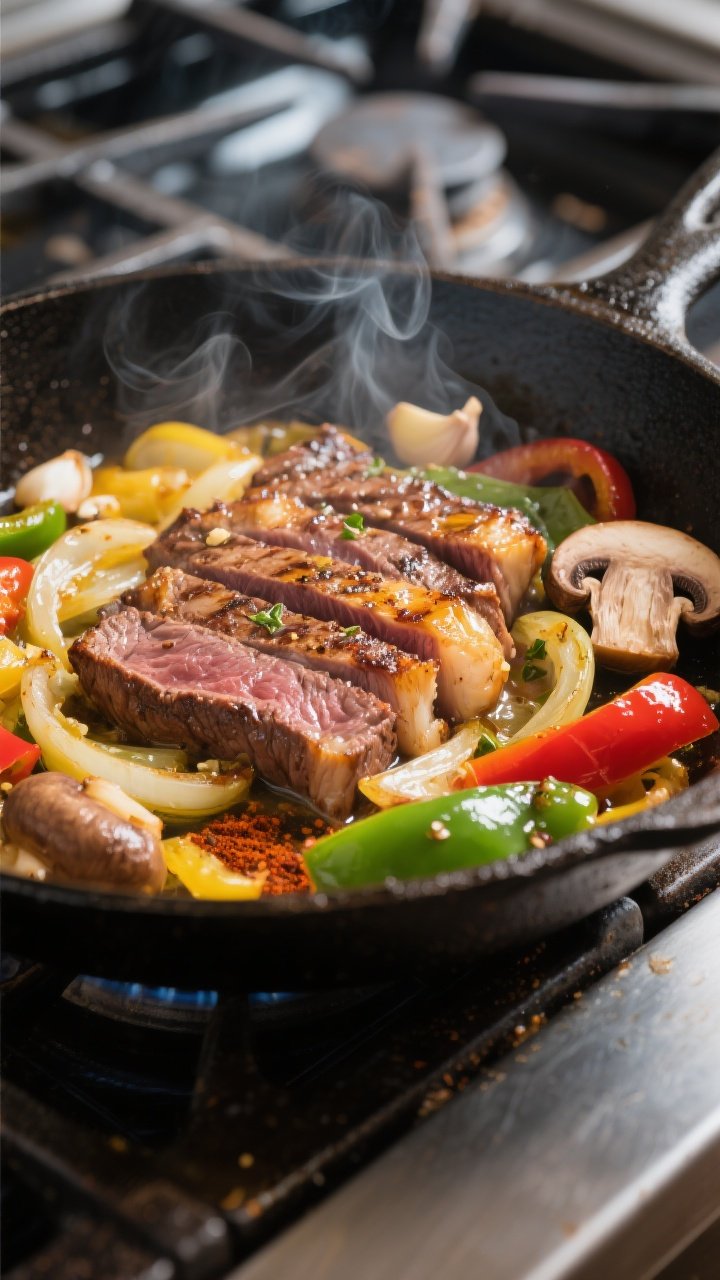 Cooking process, close-up detail: Sizzling low-carb Philly cheesesteak skillet mid-cook in a well-se