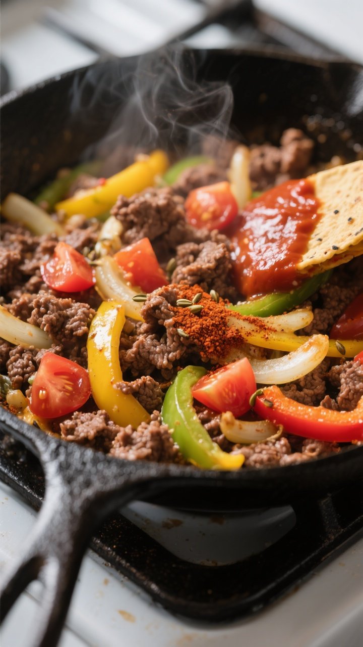 Cooking process, close-up detail: Sizzling low carb taco skillet mid-cook in a black cast-iron pan, 