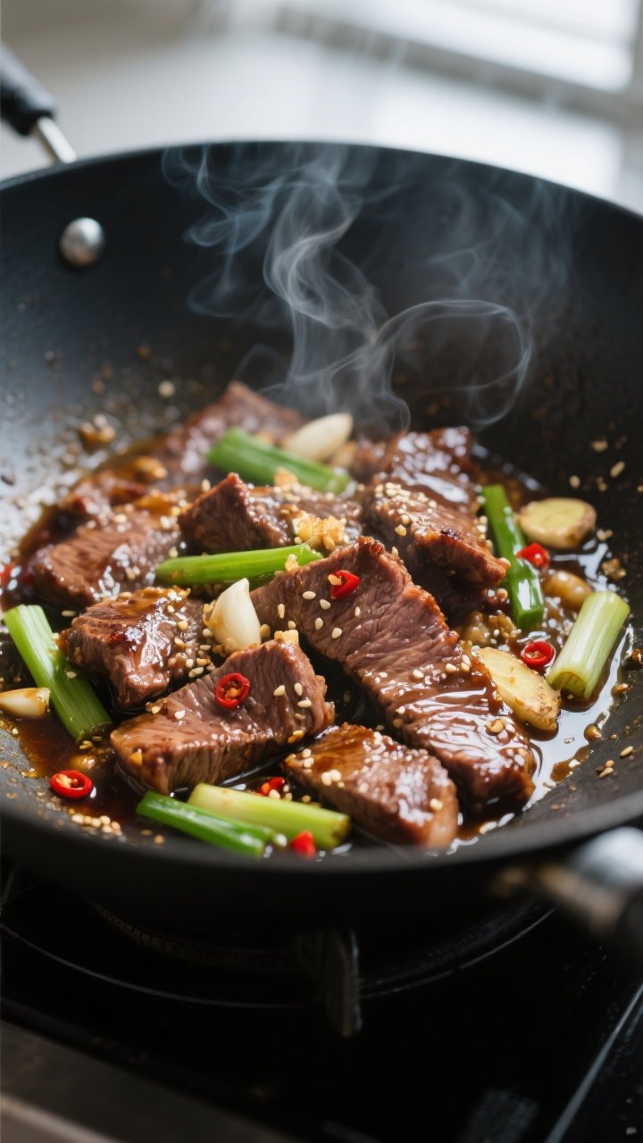 Cooking process, close-up detail: Sizzling Low Carb Mongolian Beef searing in a wok over medium-high