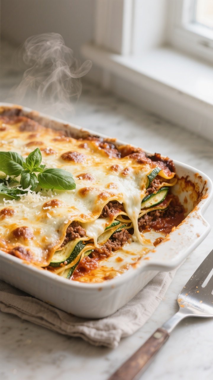 Cooking process close-up: Golden, bubbling keto zucchini lasagna casserole just uncovered in a 9x13 