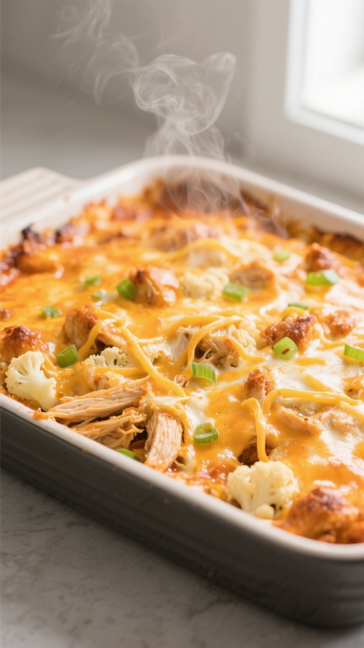 Cooking process, close-up: Golden, bubbly Keto Buffalo Chicken Casserole just pulled from the oven i