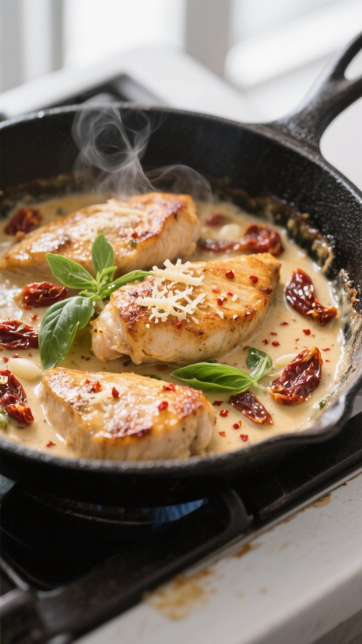 Cooking process close-up: Golden-seared chicken cutlets simmering in a glossy, garlicky cream sauce 