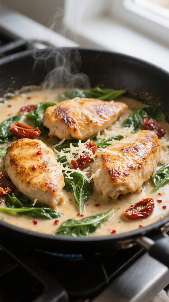 Cooking process close-up: Golden-seared chicken cutlets nestled in a skillet of simmering creamy Tus