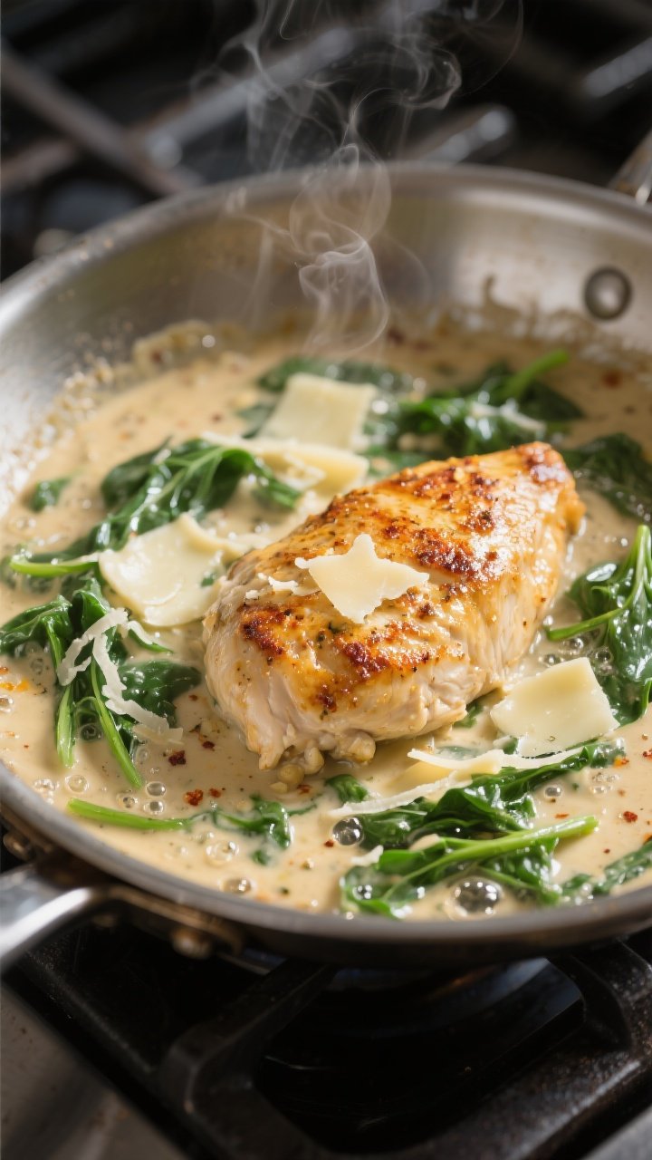 Cooking process close-up: Golden-seared chicken nestled in a creamy garlic spinach sauce simmering i