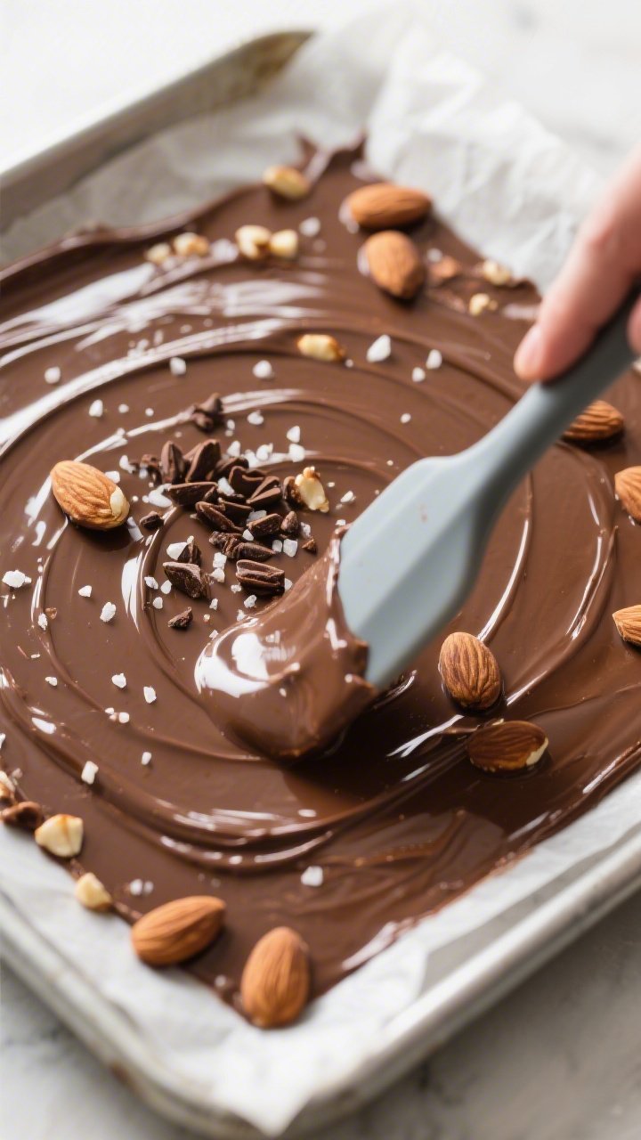 Cooking process close-up: Melted low-carb dark chocolate in a parchment-lined sheet pan being spread