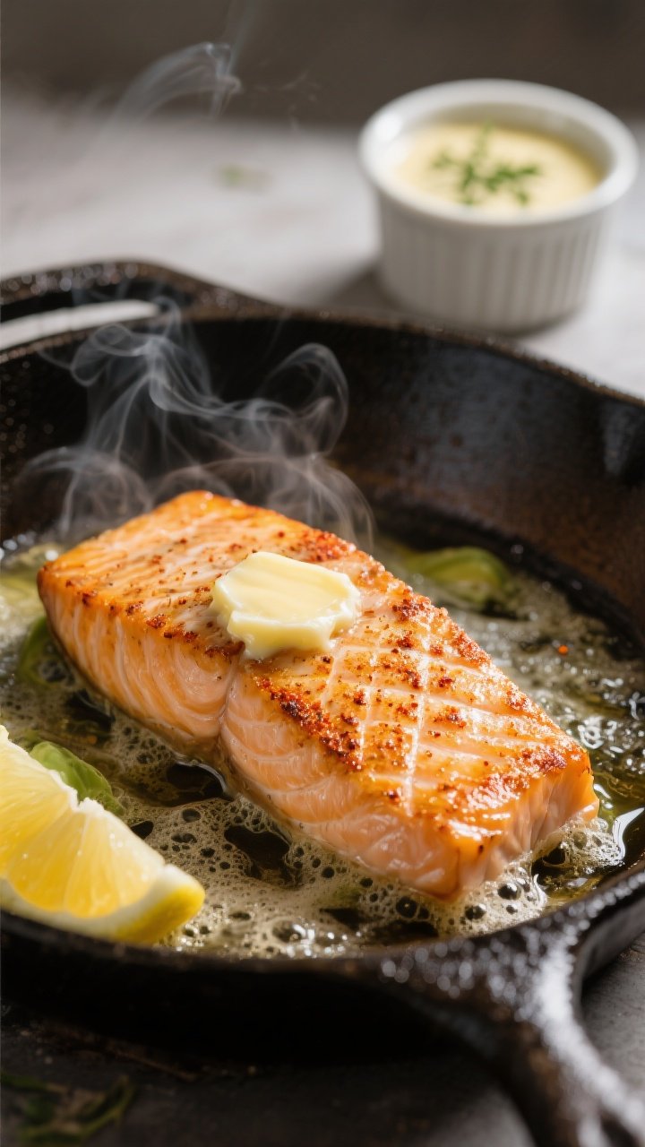 Cooking process close-up: Searing salmon fillets skin-side down in a hot, butter-and-avocado-oil sli