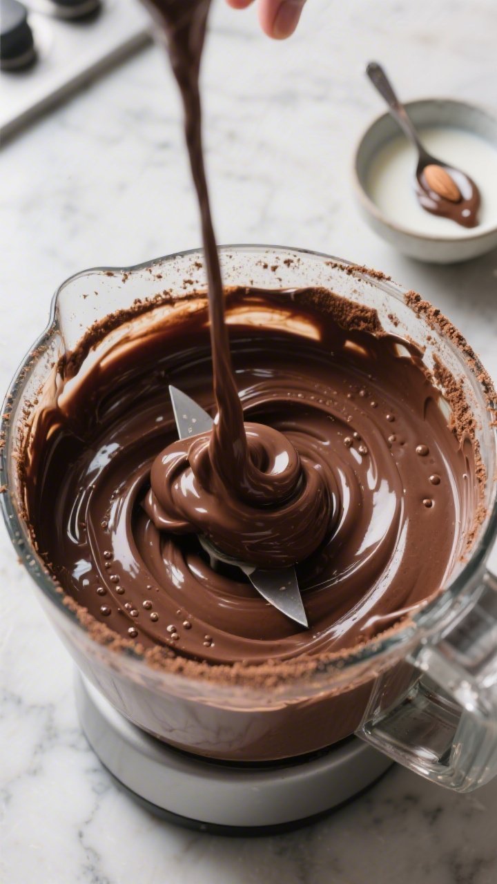 Cooking process close-up: Silky chocolate avocado pudding mid-blend in a high-speed blender, thick g