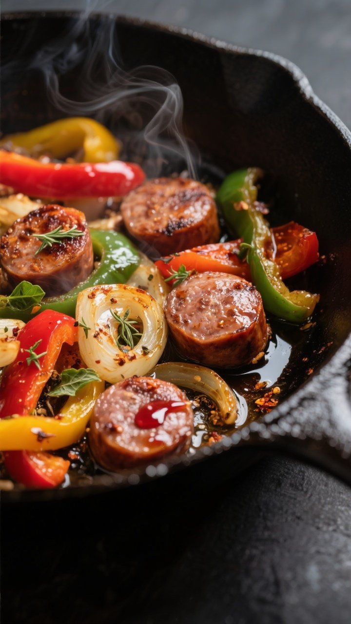 Cooking process close-up: Sliced browned Italian sausage coins sizzling in a large cast-iron skillet