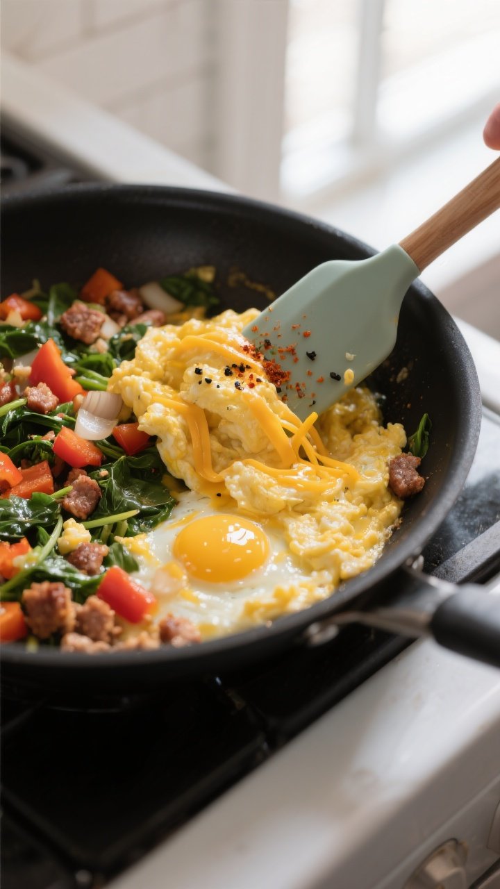 Cooking process close-up: Soft, glossy keto egg scramble in a black nonstick skillet over medium-low