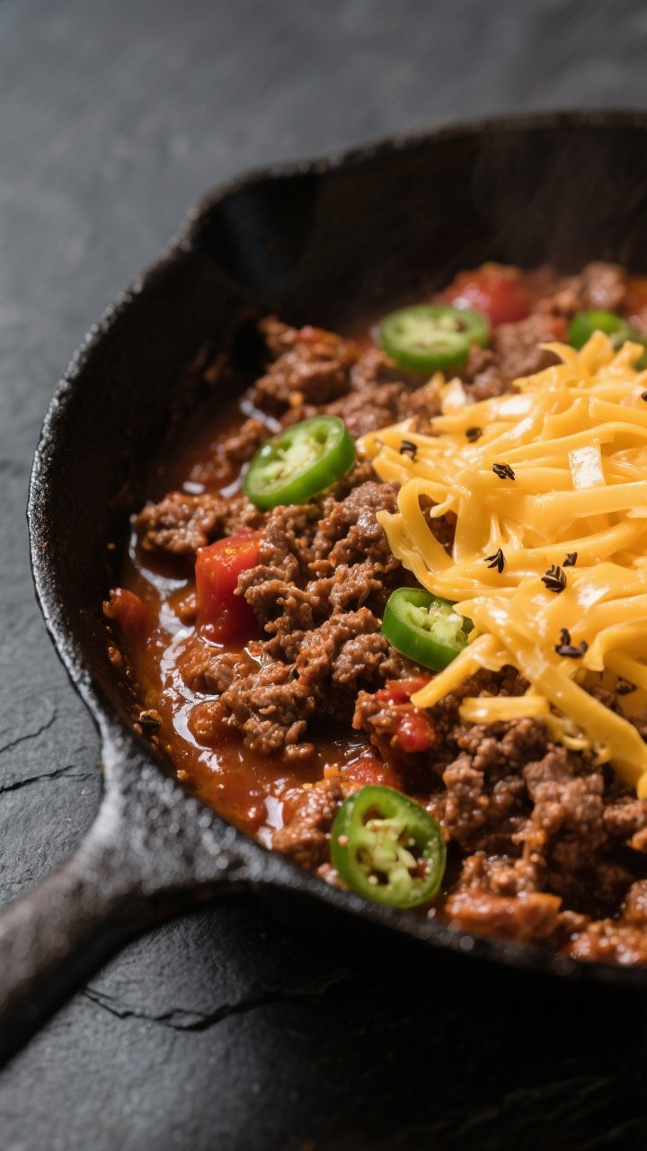 Cooking process close-up: Taco-seasoned ground beef sizzling in a cast-iron skillet, glossy and rich
