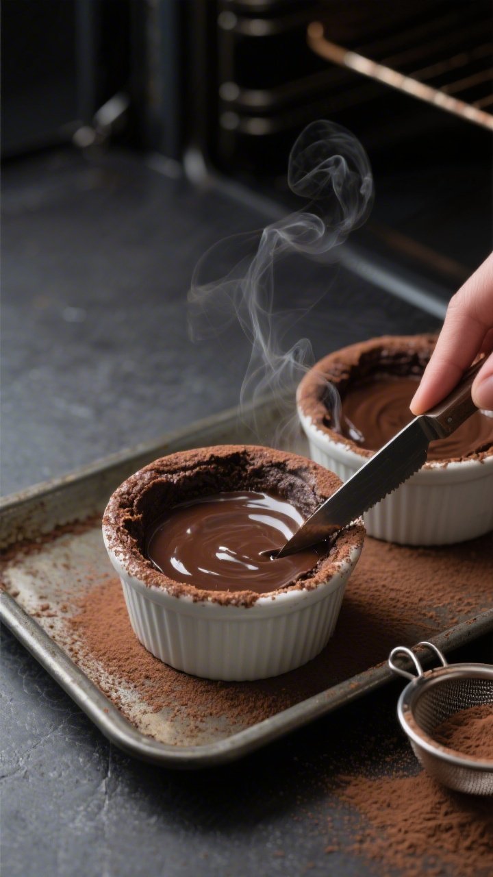 Cooking process close-up: Two 6-ounce cocoa-dusted ramekins on a small baking sheet just out of a 40