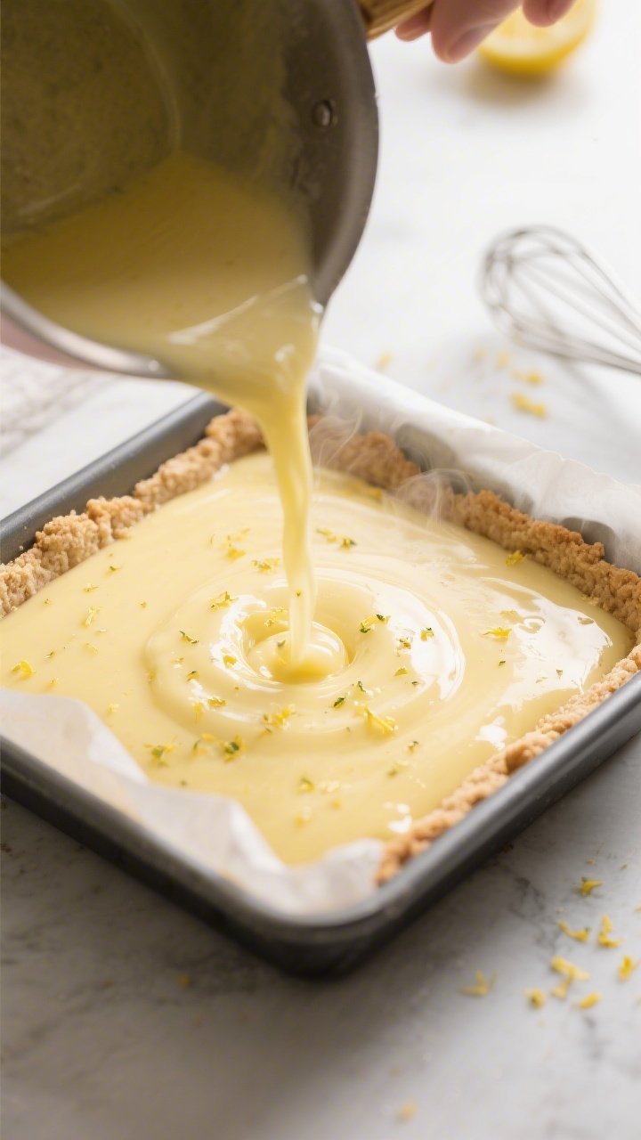 Cooking process close-up: Warm keto lemon filling being poured over a just-baked, lightly golden alm