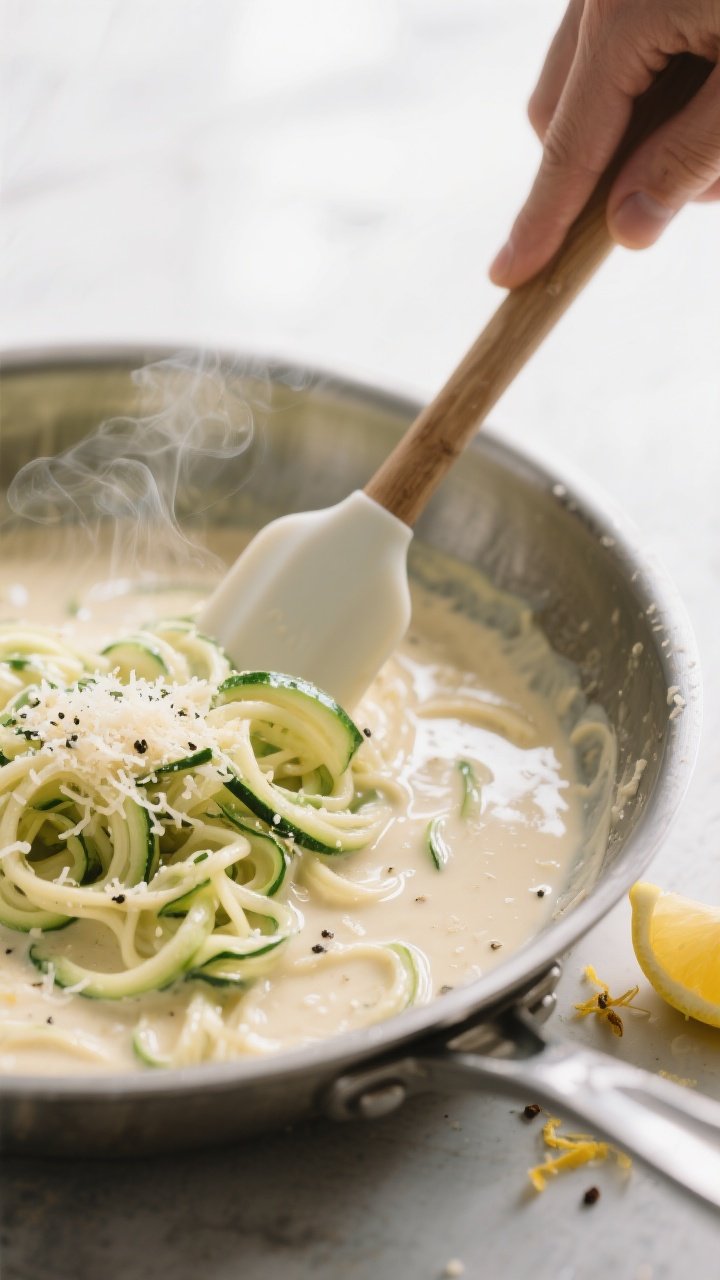 Cooking process close-up: Zucchini noodles just-tossed in glossy Alfredo sauce in a wide stainless-s