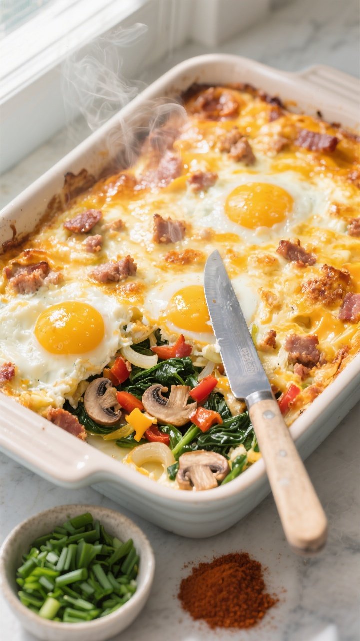 Cooking process, overhead: Golden, bubbly keto egg breakfast casserole just pulled from the oven in 