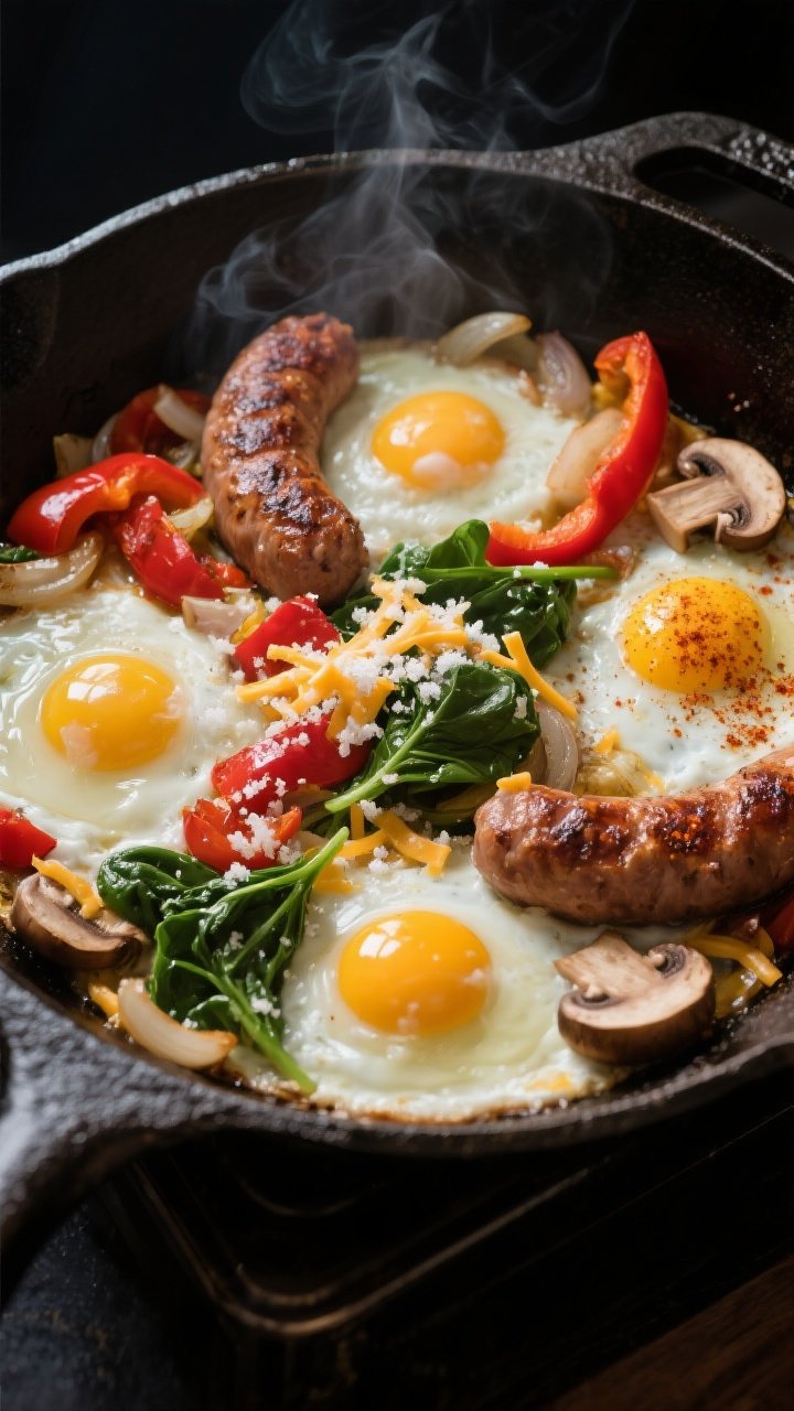 Cooking process, overhead: Overhead shot of a sizzling cast-iron skillet with browned, craggy breakf
