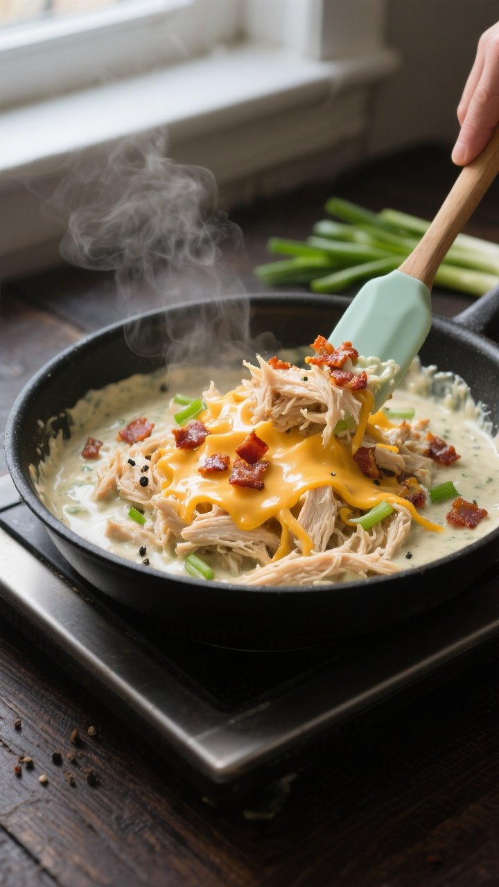 Cooking process, stovetop: Shredded crack chicken being folded back into a creamy ranch-cheddar sauc