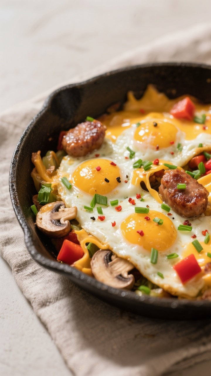 Final dish, close-up detail: Close-up of the finished Keto Sausage Breakfast Skillet served in the p