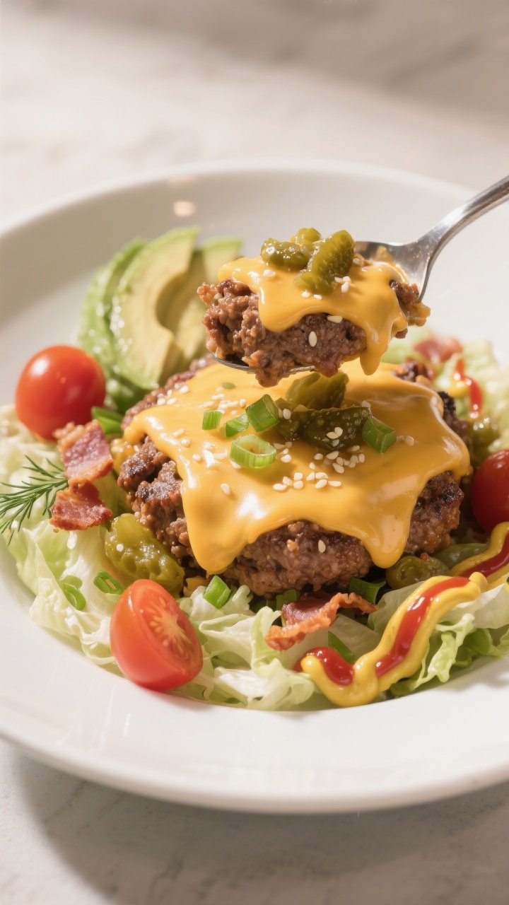 Final dish — Low Carb Bunless Burger Skillet plated: Close-up, three-quarter angle of the cheesy b