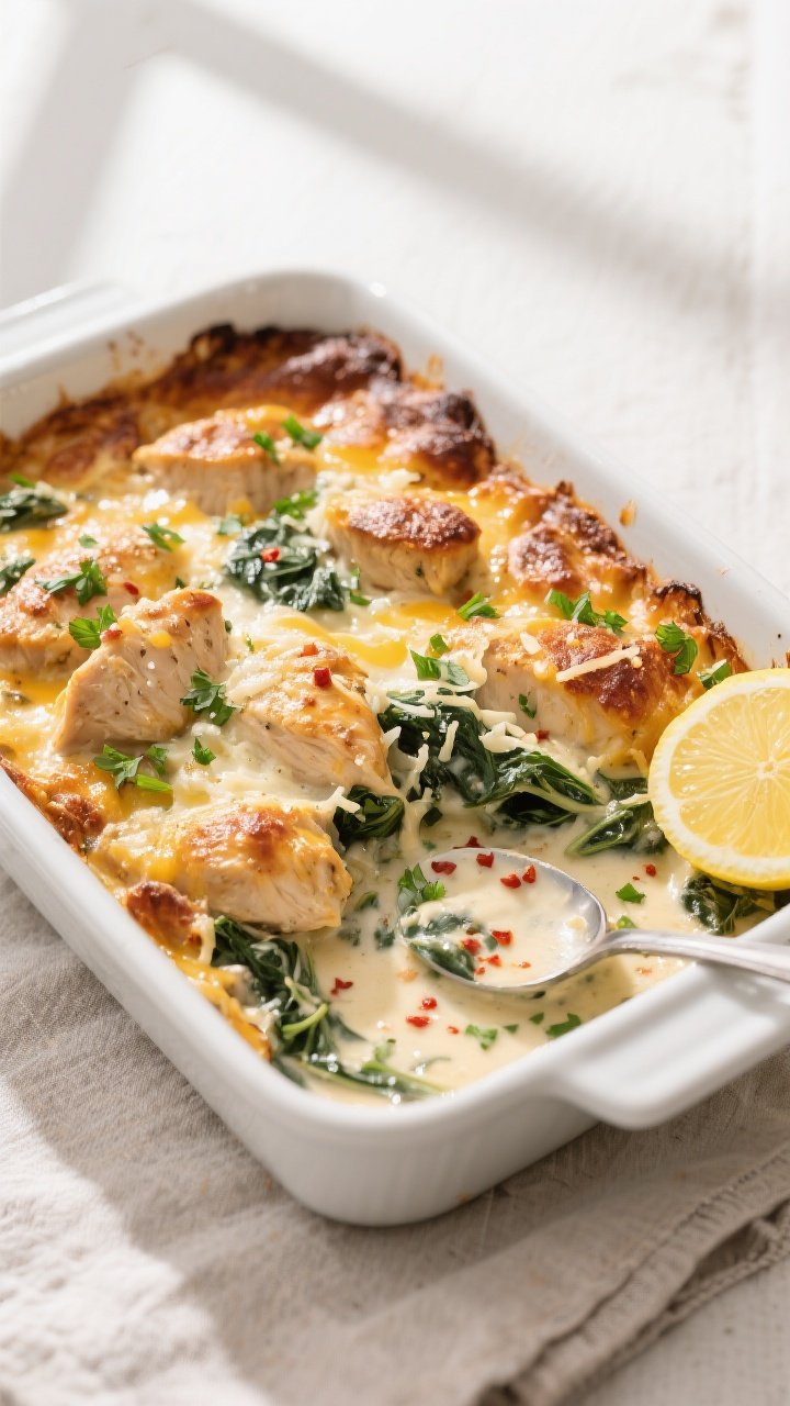 Final dish overhead: Keto Creamy Spinach Chicken Casserole just out of the oven in a white 9x13 baki