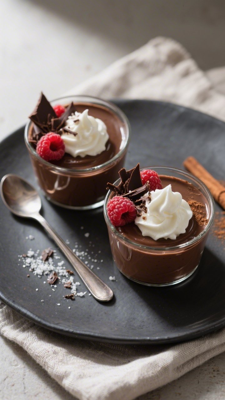 Final dish overhead: Low Carb Chocolate Avocado Pudding served in two petite glass dessert cups, dee