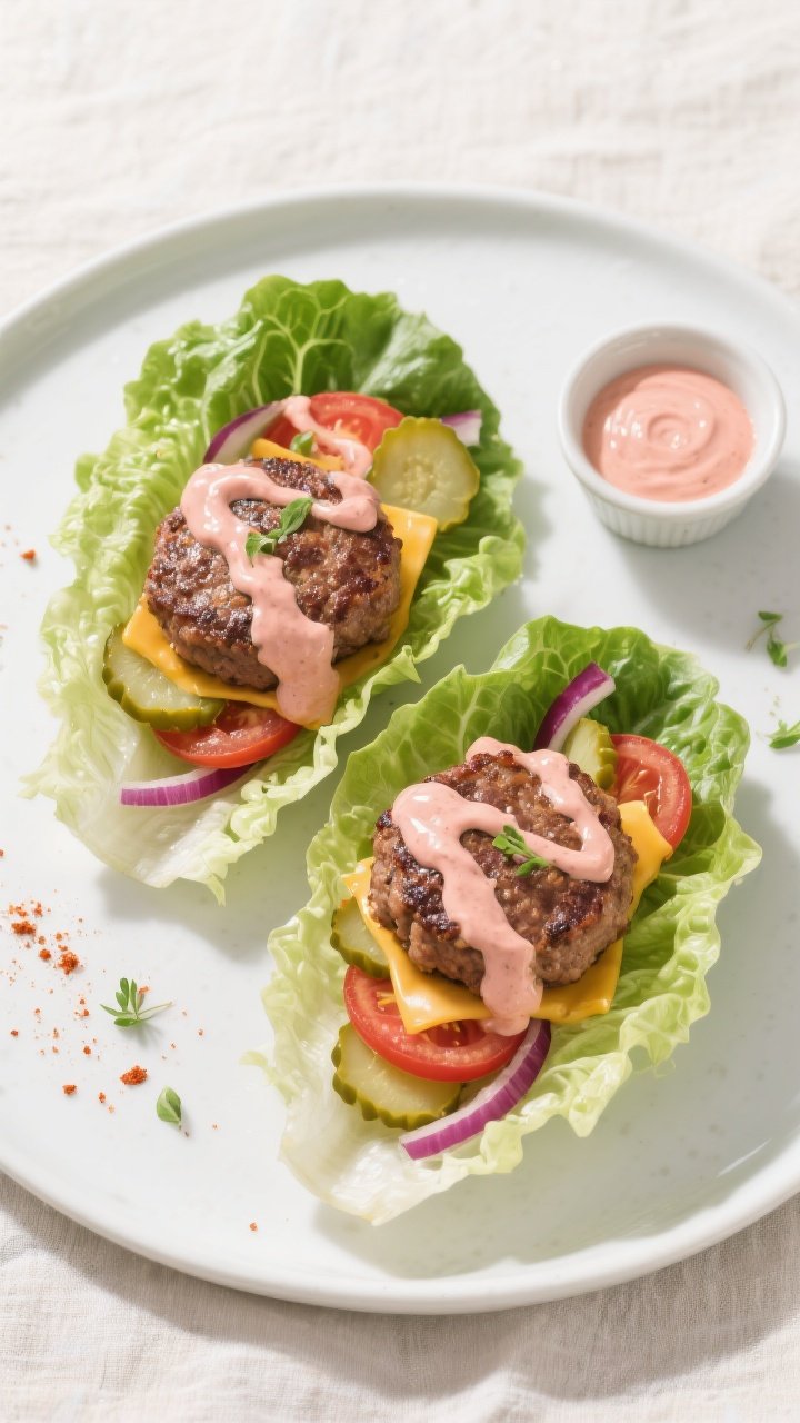 Final dish overhead: Overhead shot of assembled keto burger lettuce wraps, two wraps side-by-side—