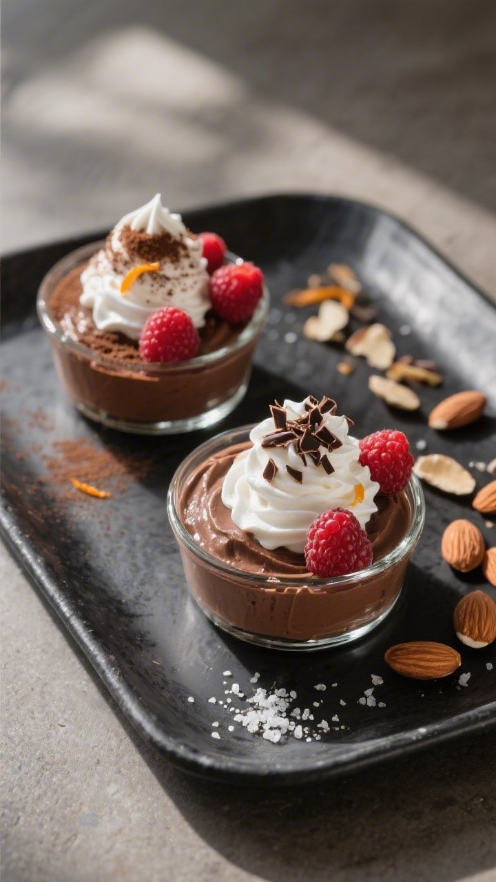 Final dish overhead presentation: Low carb chocolate mousse portioned into small clear glass ramekin