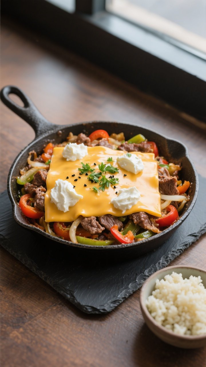 Final dish, overhead presentation: Top-down shot of the finished Philly cheesesteak skillet topped w