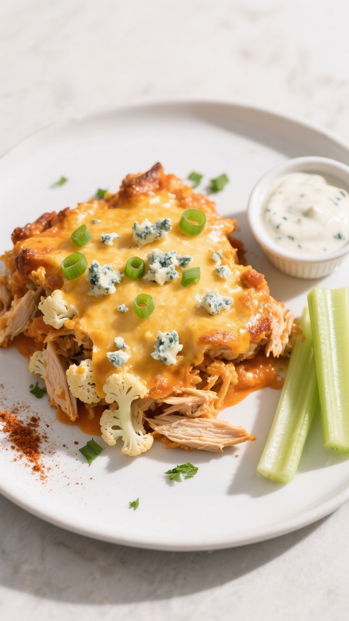 Final dish, overhead: Top-down shot of a plated serving of Keto Buffalo Chicken Casserole on a matte