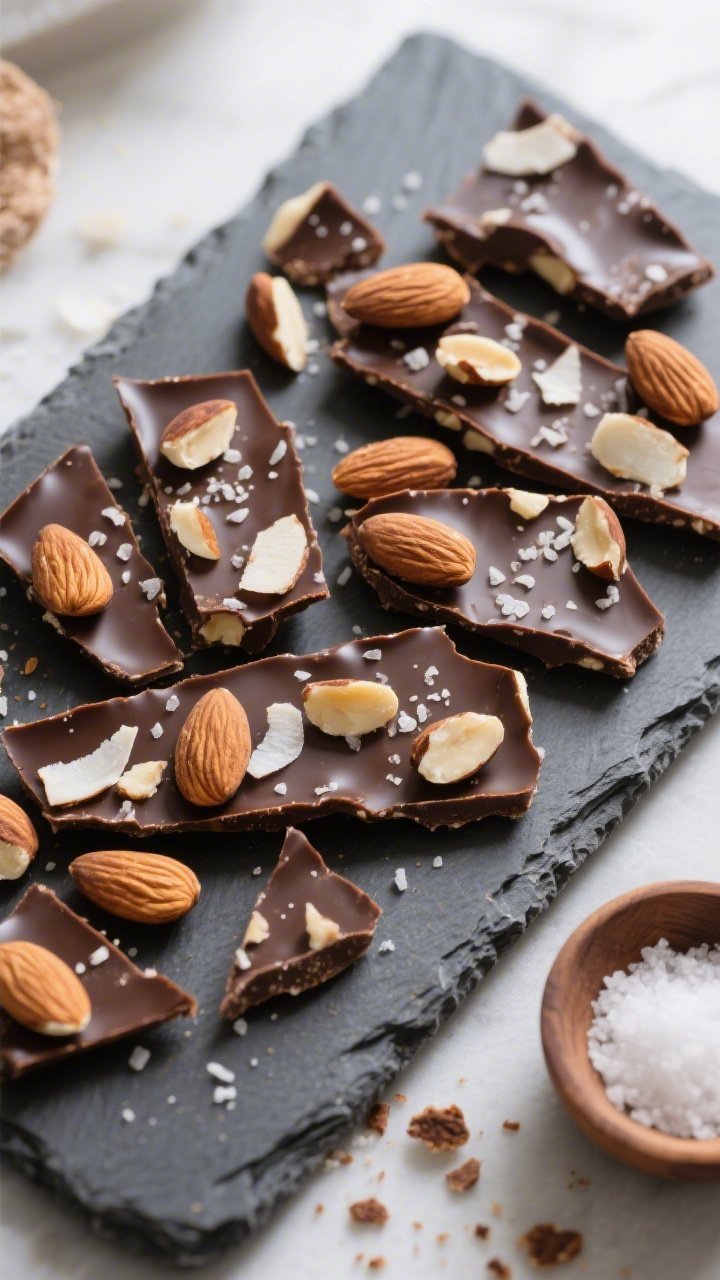 Final dish overhead: Top-down shot of set low-carb chocolate almond bark broken into irregular gloss