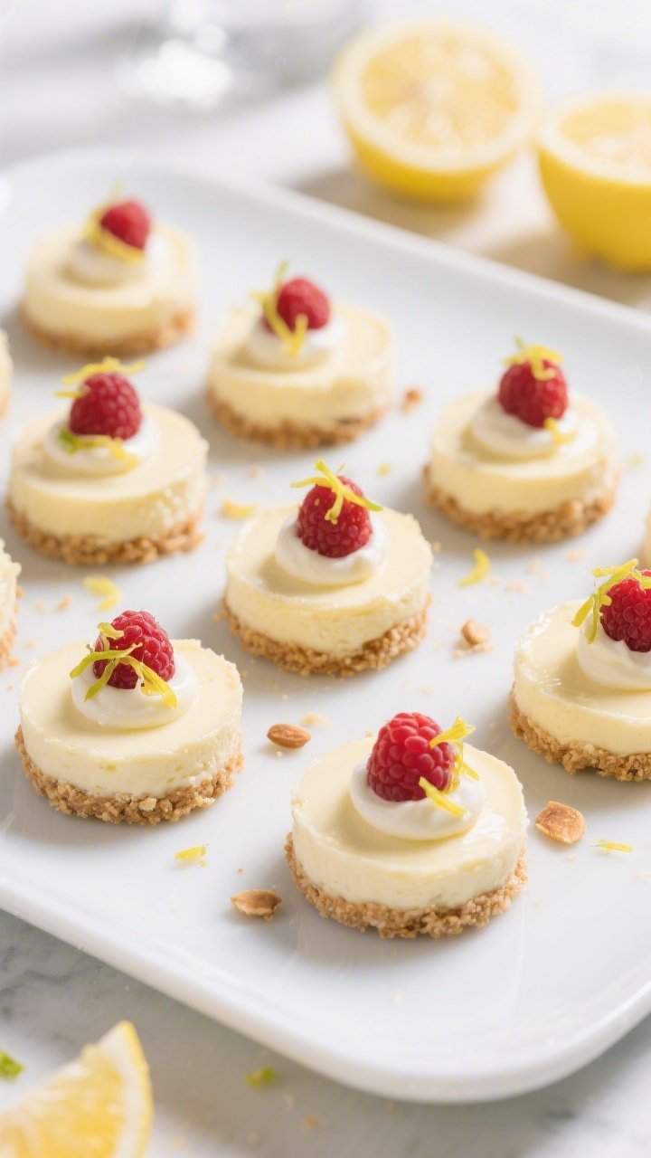 Final dish, tasty top-down presentation: Overhead shot of chilled Low Carb Lemon Cheesecake Bites ar