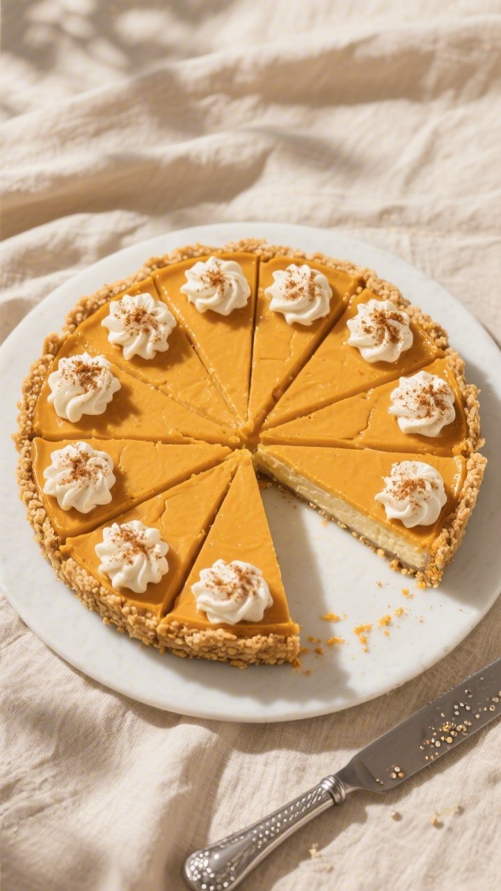 Final dish, tasty top view: Overhead shot of a chilled Keto Pumpkin Spice Cheesecake sliced cleanly 