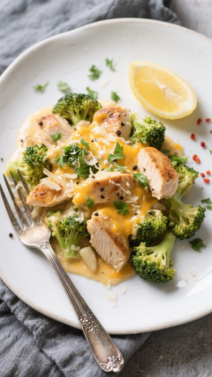 Final dish, tasty top view: Overhead shot of a plated serving of Keto Cheesy Chicken & Broccoli Cass