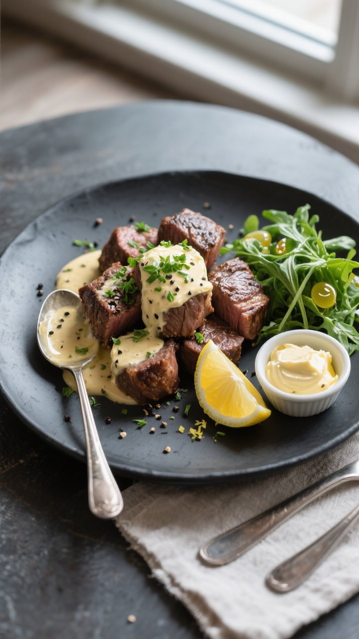 Final dish, tasty top view: Overhead shot of beautifully plated keto garlic butter steak bites on a 