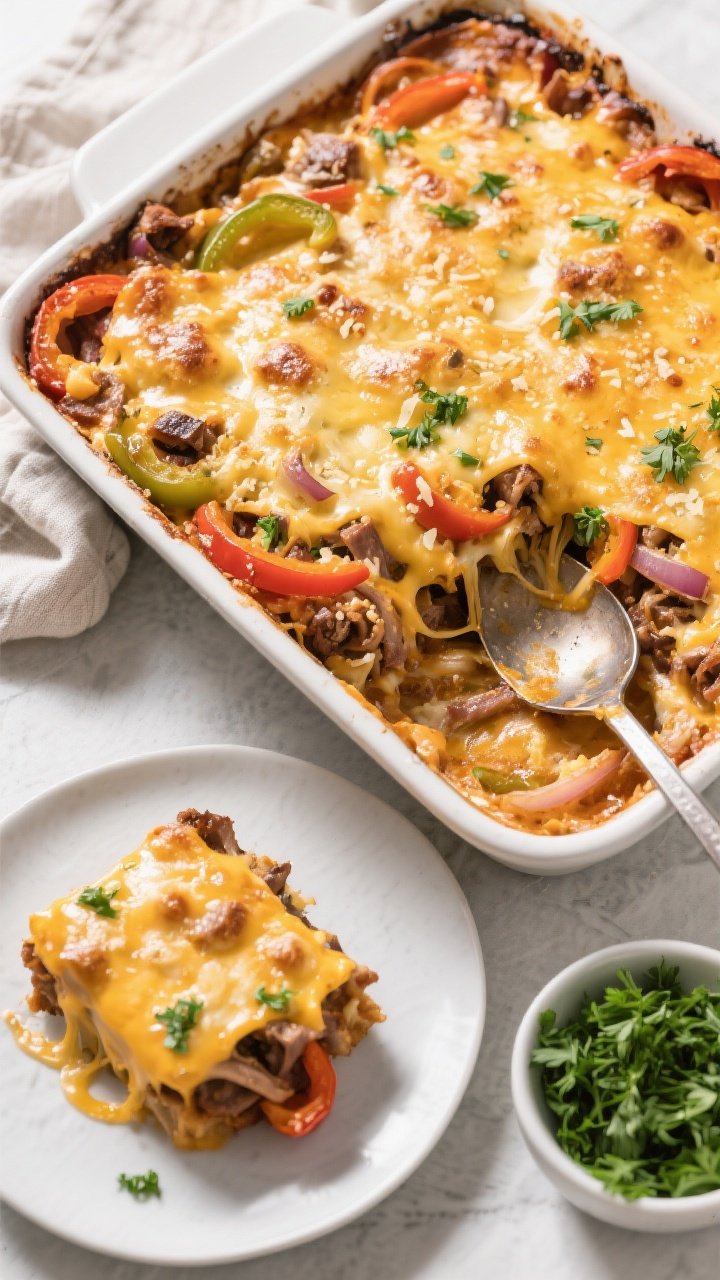 Final dish, tasty top view: Overhead shot of Keto Philly Cheesesteak Casserole fresh from the oven i