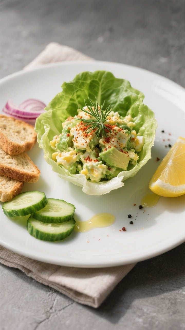Final dish, tasty top view: Overhead shot of keto avocado egg salad mounded into crisp butter lettuc