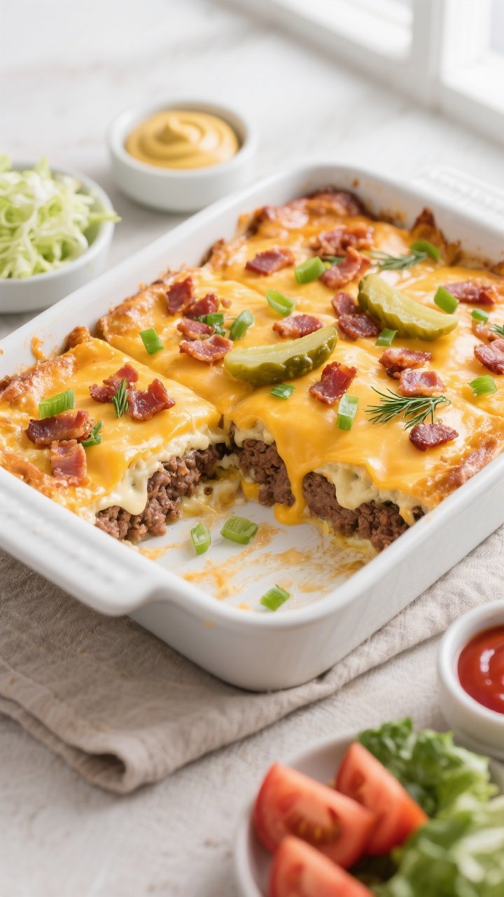Final dish, tasty top view: Overhead shot of Keto Bacon Cheeseburger Casserole in a 9x13 white ceram