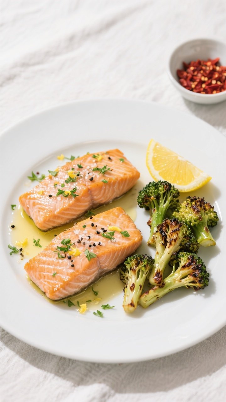 Final dish, tasty top view: Overhead shot of Low Carb Lemon Herb Salmon plated restaurant-style—tw