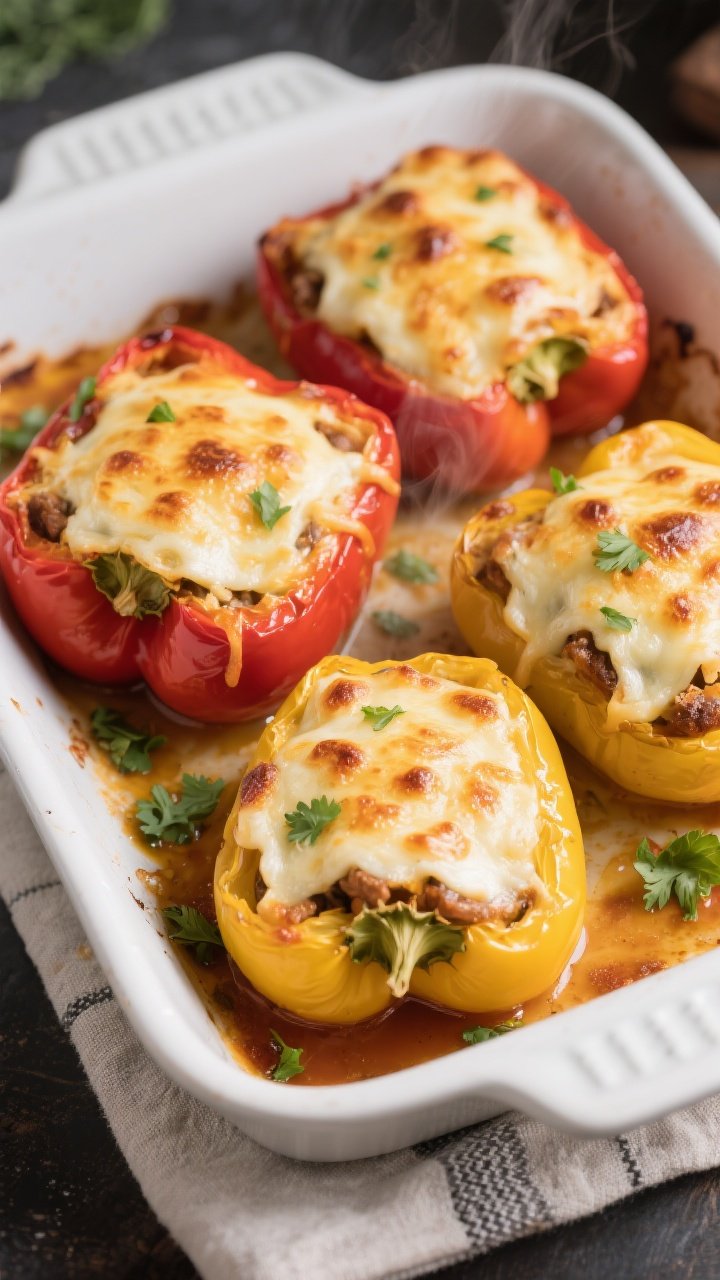 Final dish, tasty top view: Overhead shot of low-carb stuffed bell peppers just out of the oven —
