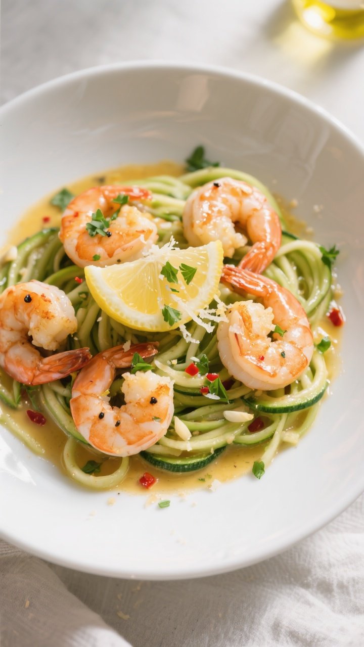 Final dish, tasty top view: Overhead shot of low-carb shrimp scampi plated on a bed of twirled zucch