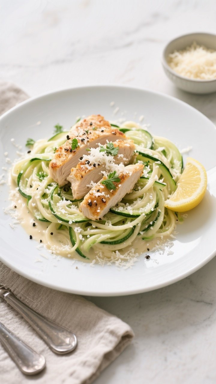 Final dish, tasty top view: Overhead shot of Low Carb Chicken Alfredo served over crisp-tender zucch