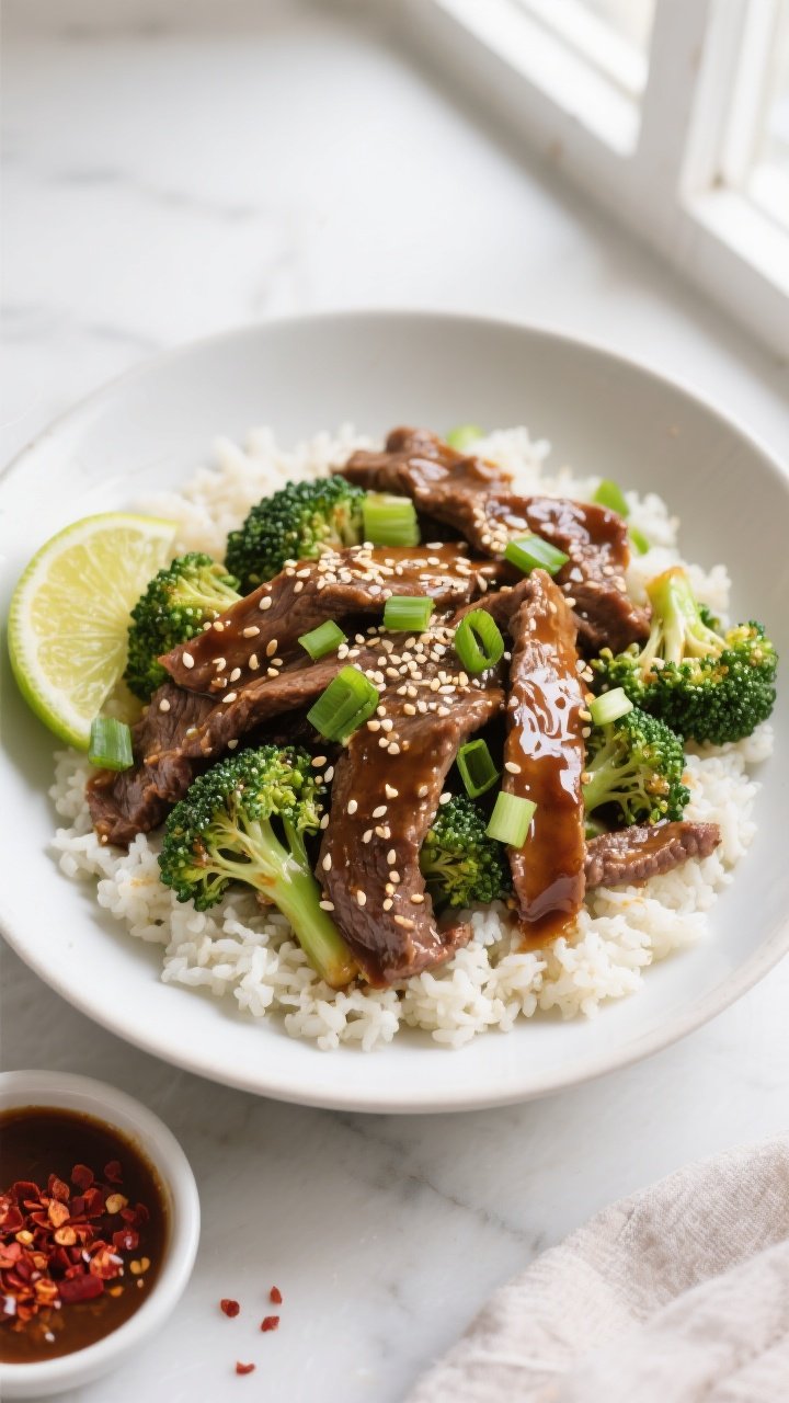 Final dish, tasty top view: Overhead shot of Low Carb Beef & Broccoli Skillet served over fluffy cau