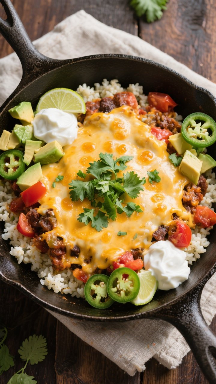 Final dish, tasty top view: Overhead shot of the finished Low Carb Taco Skillet served family-style 