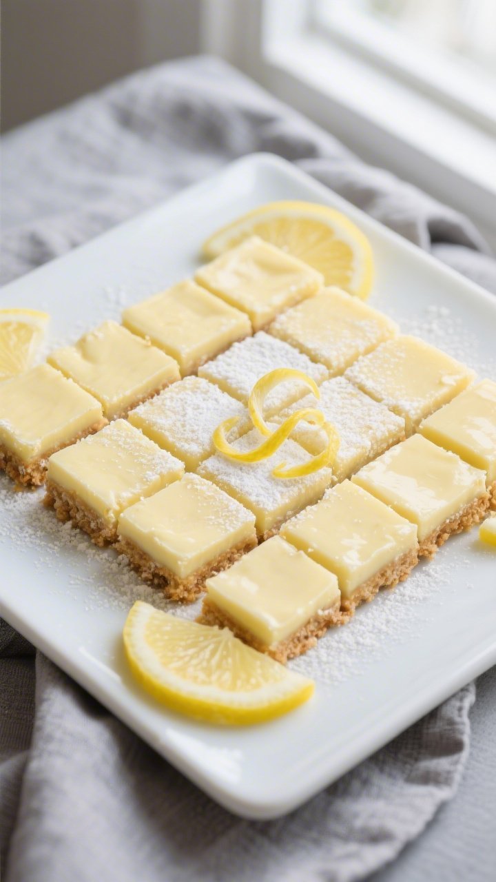 Final dish top-down: Overhead shot of perfectly chilled keto lemon bars cut into 16 neat squares wit
